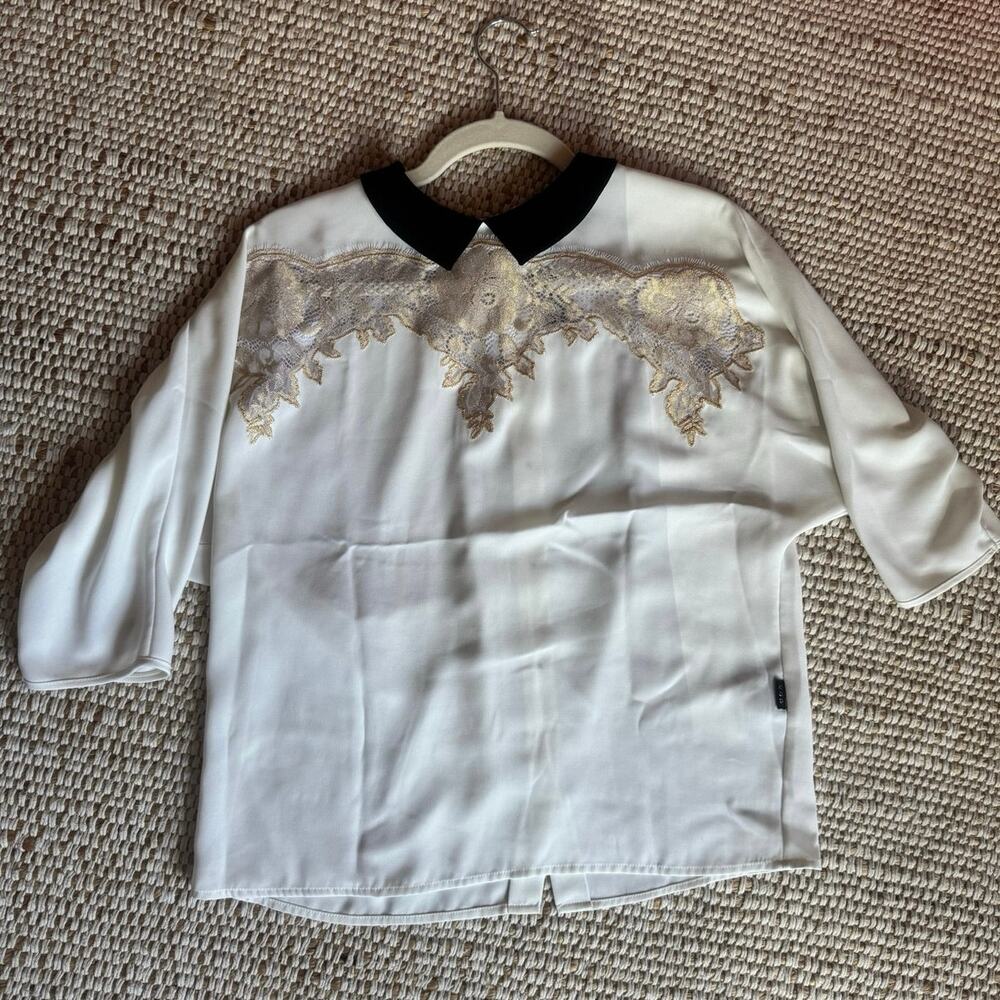 Cop Copine Paris White Blouse with Embroidered Lace Mesh Overlay Collar Top S